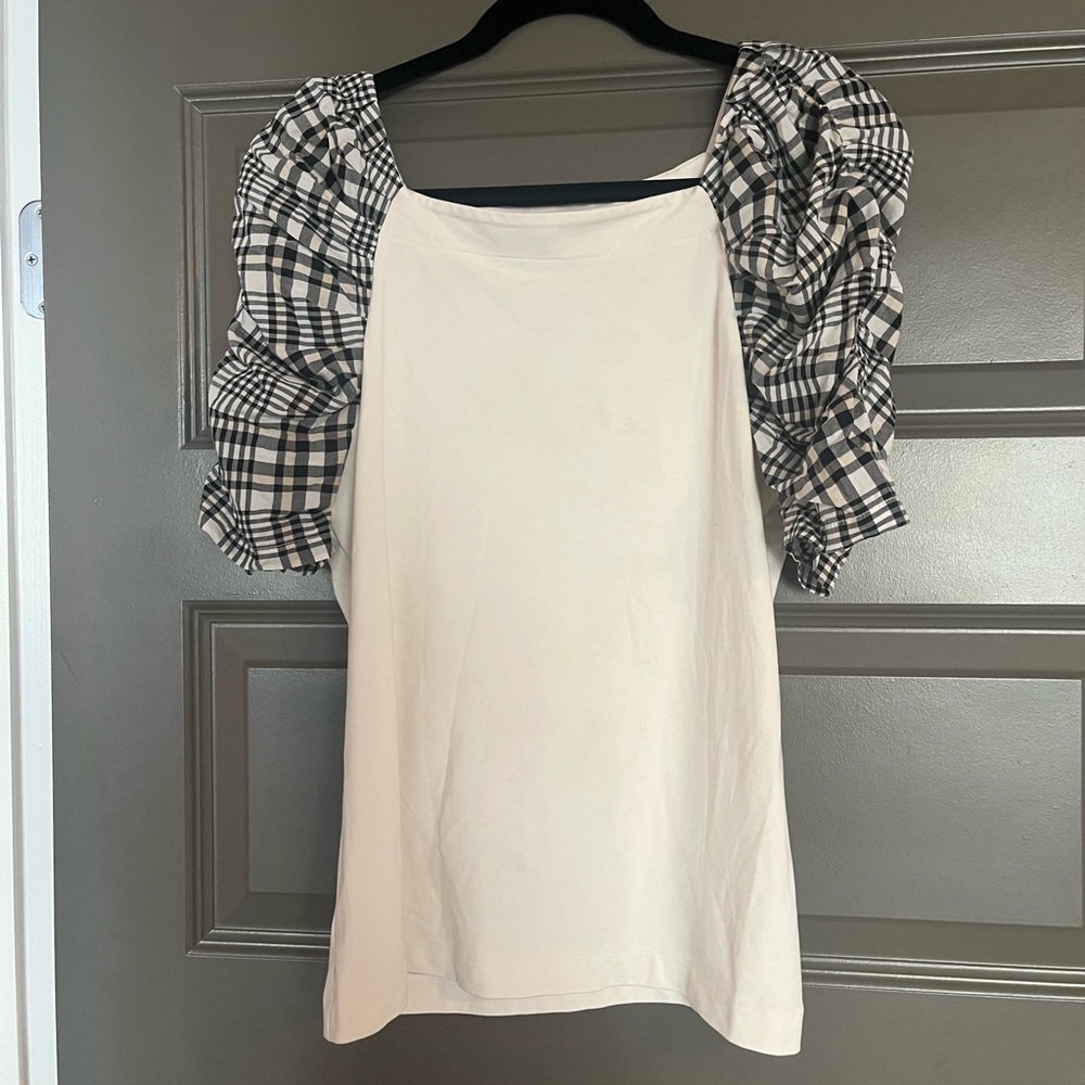 Ann Taylor White Top with Black Plaid Puff Sleeves